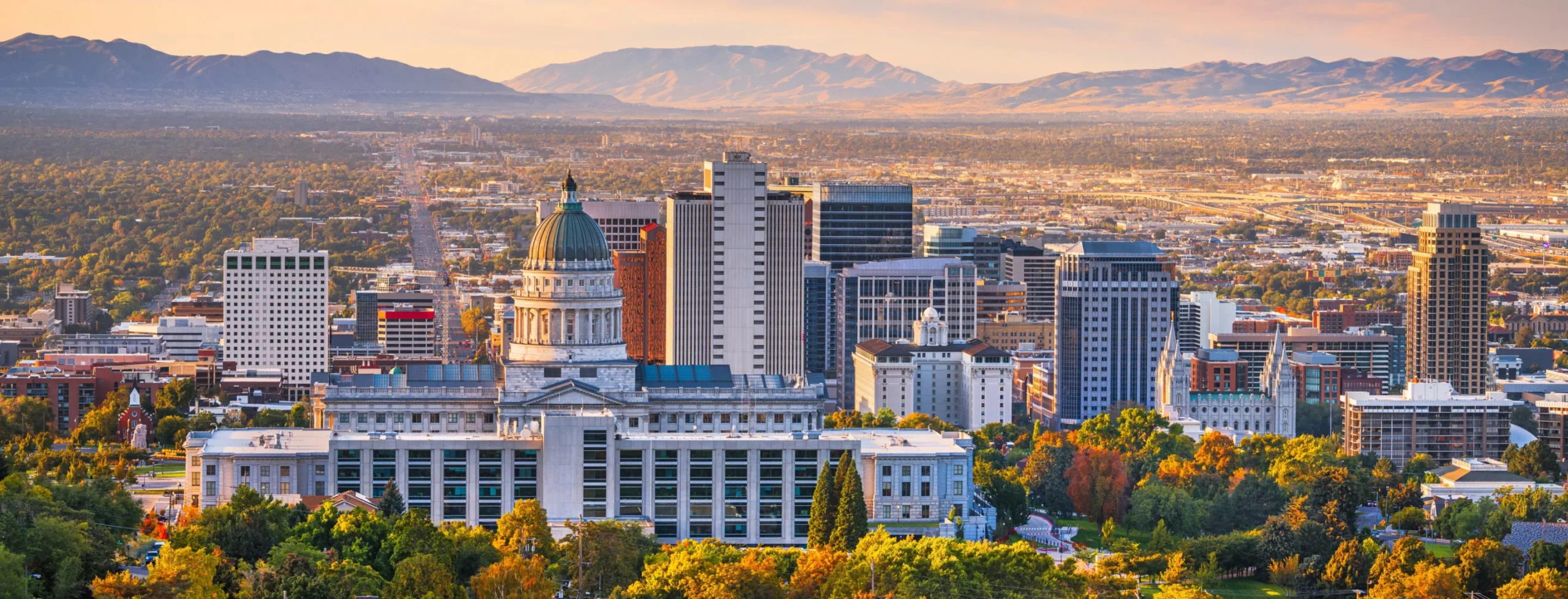 landscape view of a city with mountains in the backgroun