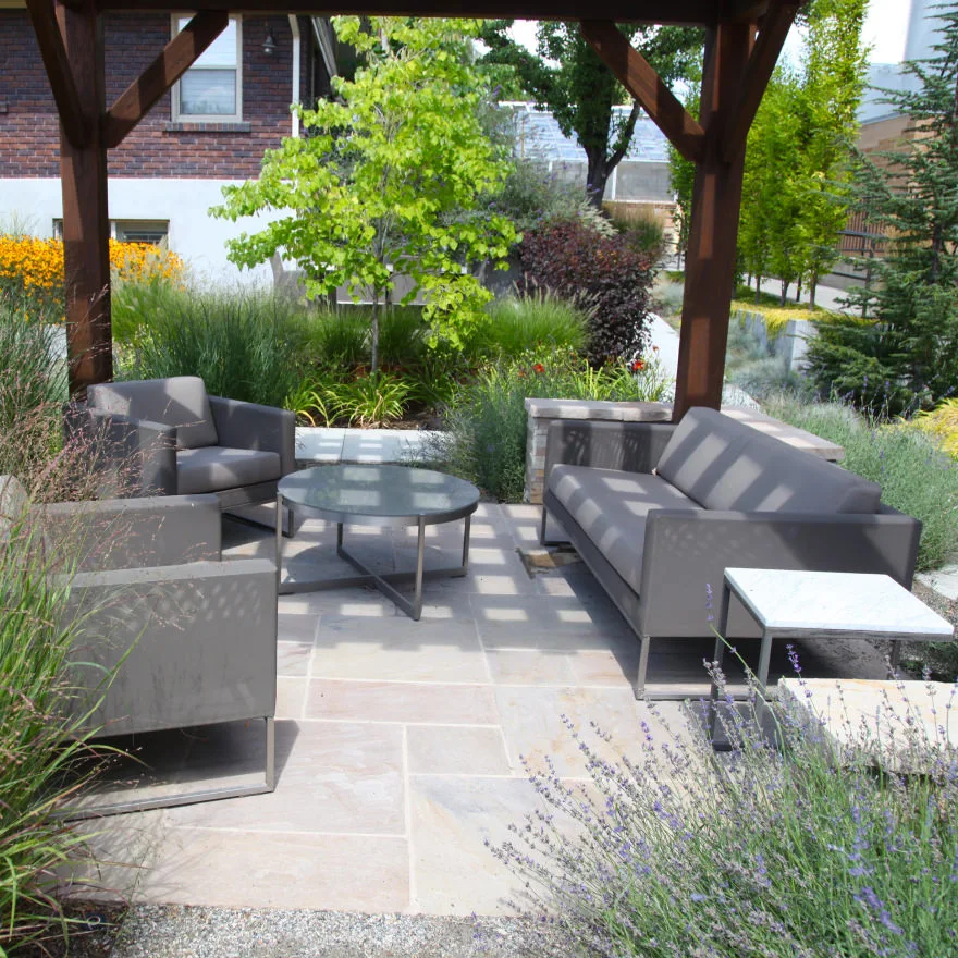 a garden with lounge area